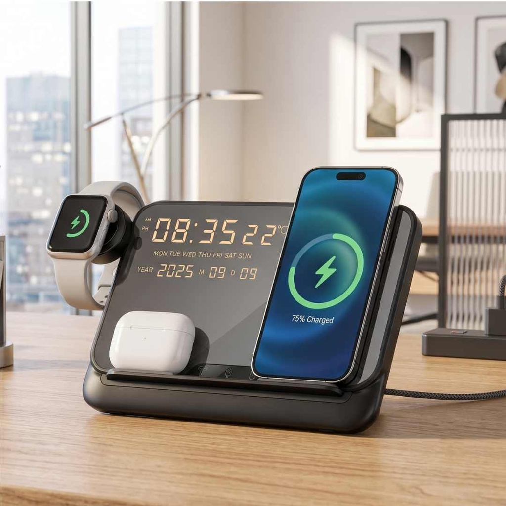 FAROS @memorii 5 in 1 Wireless Fast Charging Station with Display Clock - Black
