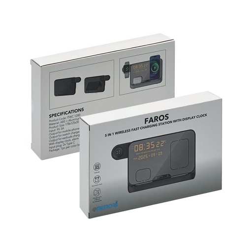 FAROS - @memorii 5 in 1 Wireless Fast Charging Station with Display Clock - Black
