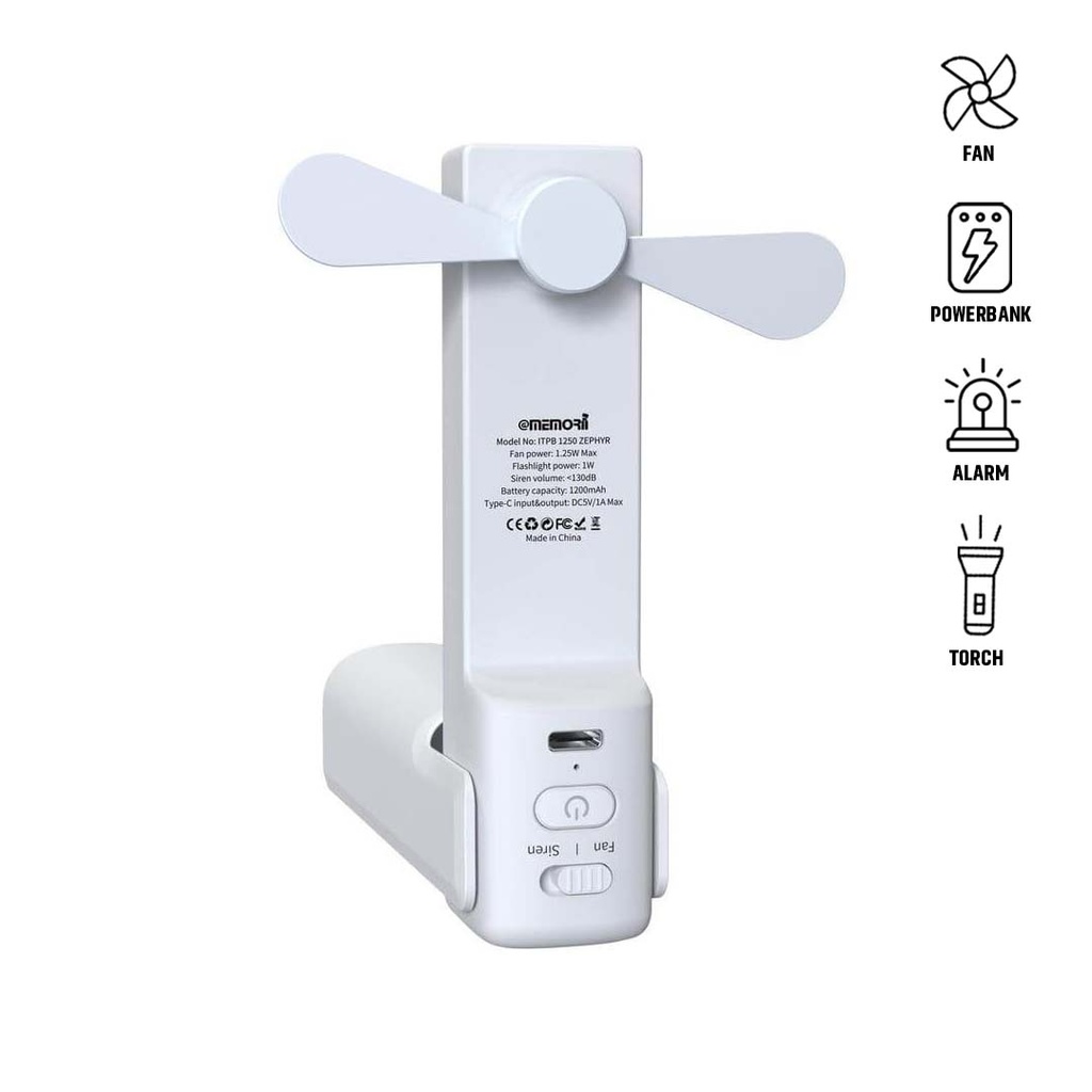 ZEPHYR - @memorii 4-in-1 Fan Powerbank, Safety Alarm & Torch - White