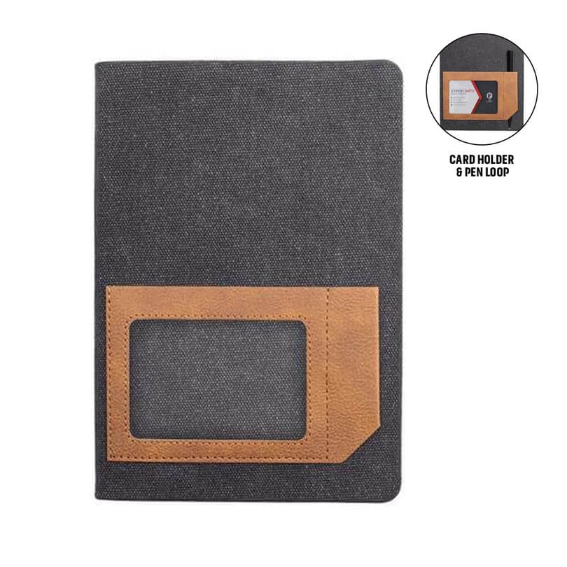 ADANA - Santhome Recycled Canvas A5 Hard Cover Notebook with PU Pocket - Black